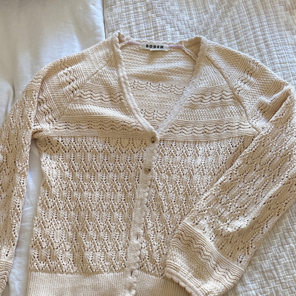 Boden Cream Openwork V‑Neck Button Cardigan